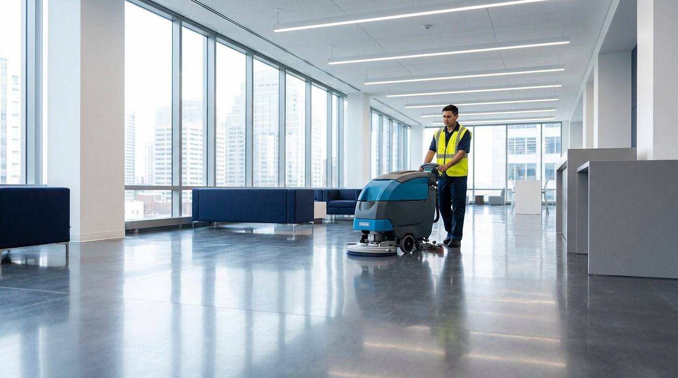 Modular Concepts crew member running a floor scrubber in a commercial office building