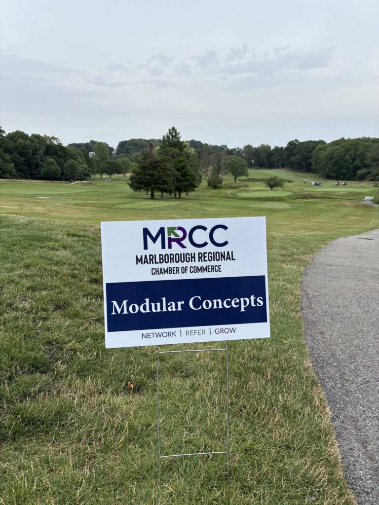 Modular Concepts tee sponsor sign at the Marlborough Regional Chamber of Commerce 52nd Annual Golf Classic.