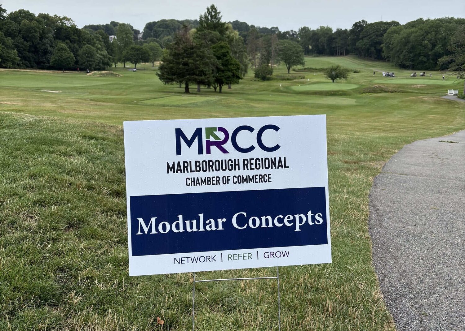 Modular Concepts tee sponsor sign at the Marlborough Regional Chamber of Commerce 52nd Annual Golf Classic.