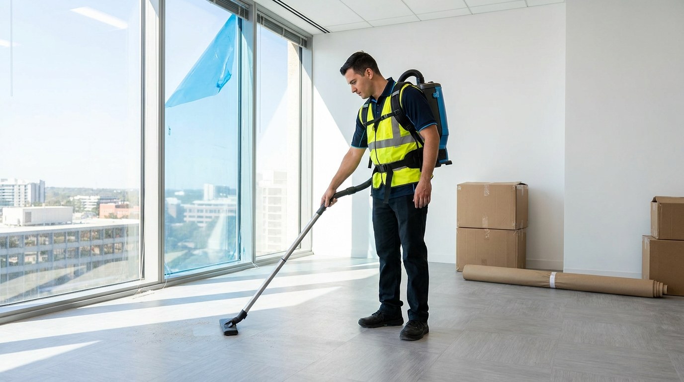 Crew member using a backpack vacuum on new floors during a post-construction final clean of a commercial office