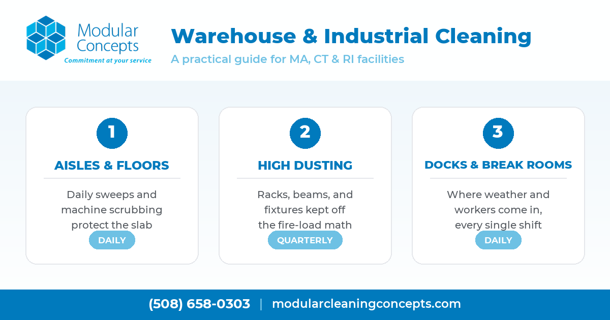 Warehouse and industrial cleaning zone guide showing aisles and floors, high dusting, and docks with cleaning frequencies
