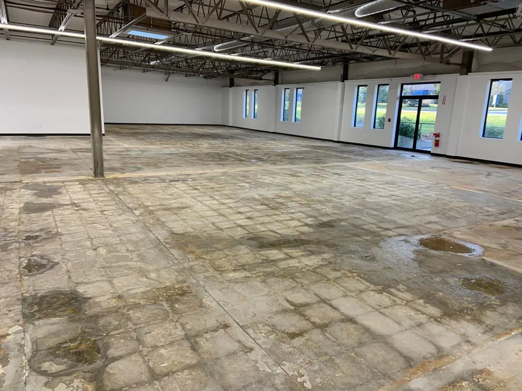 Stained subfloor with adhesive residue in an empty commercial facility before cleanup