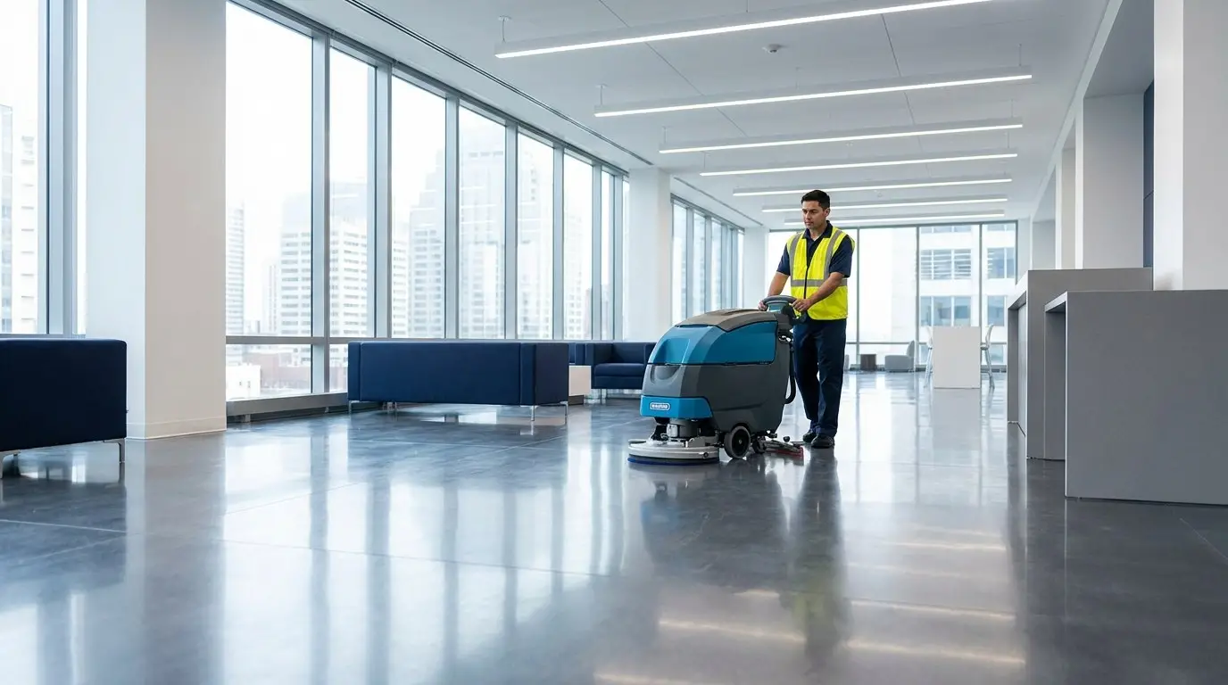 Modular Concepts crew member running a floor scrubber in a commercial office building