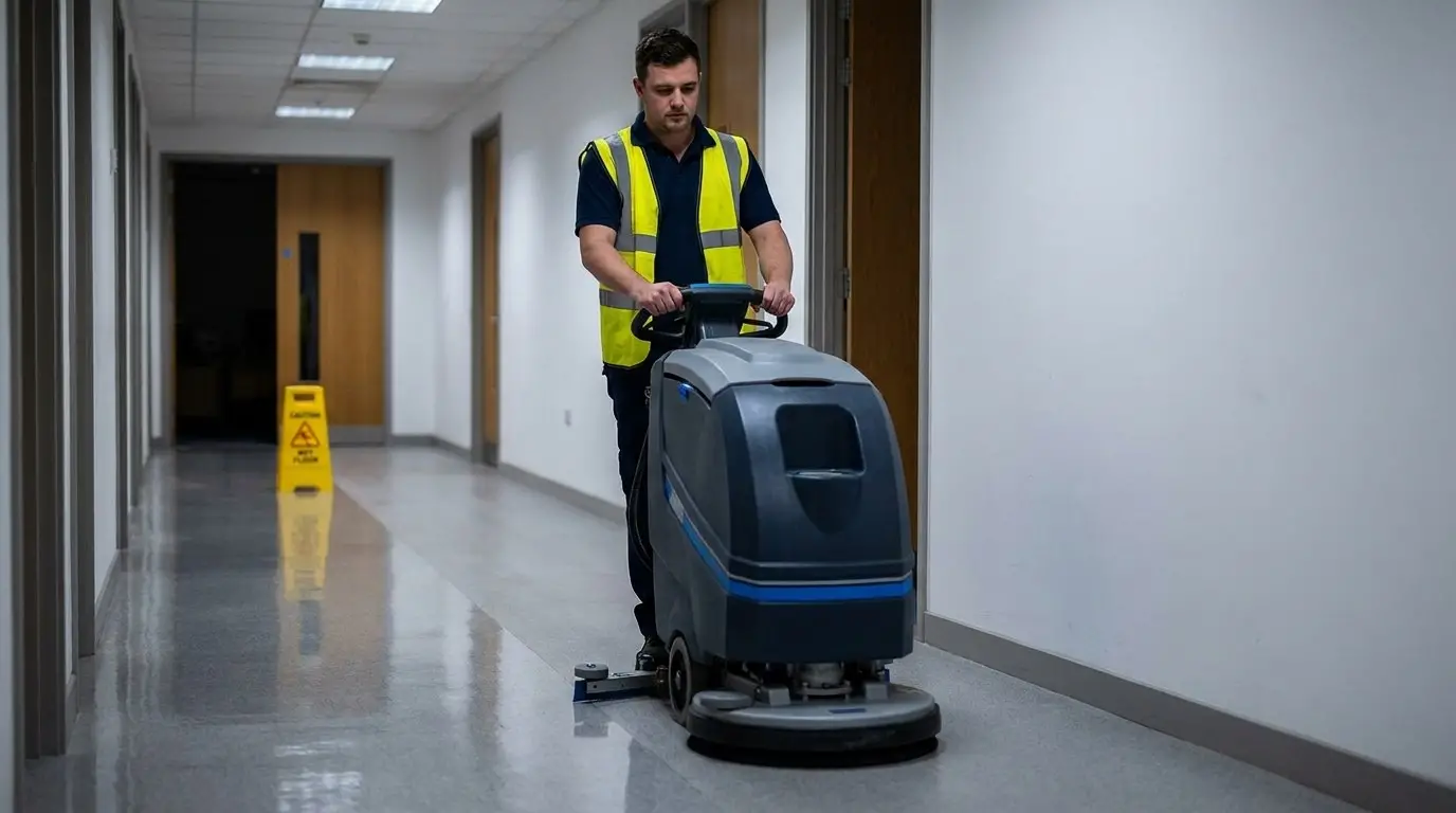 Crew member running a walk-behind auto scrubber down a commercial office corridor during an overnight floor care visit