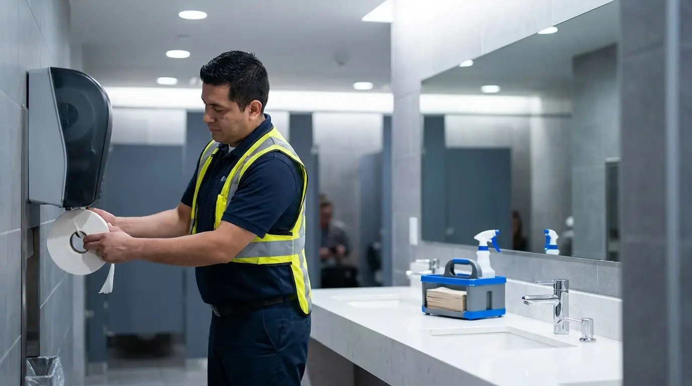 Day porter refilling a paper towel dispenser in a commercial office restroom