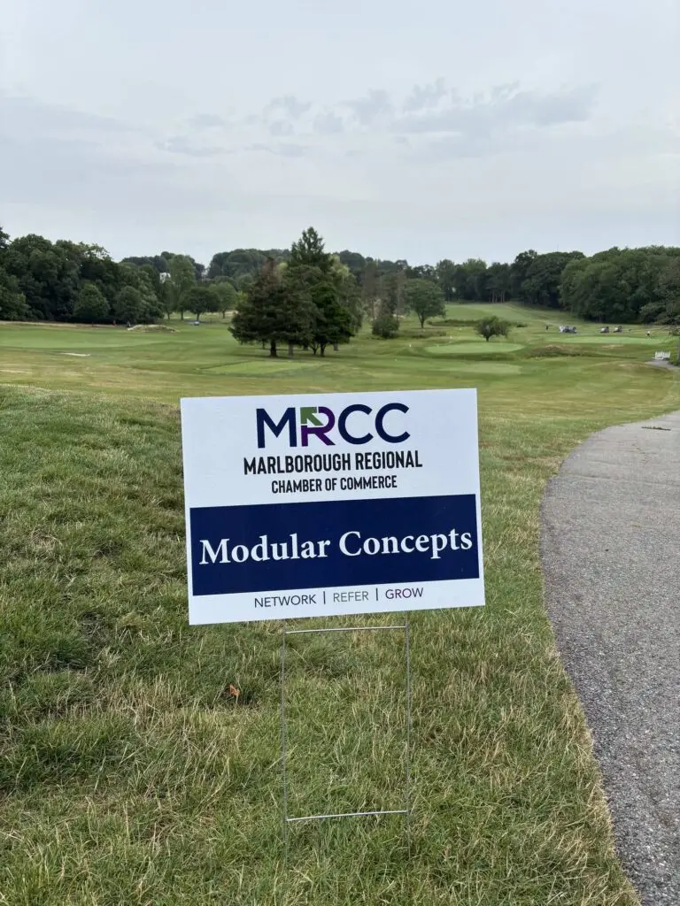 Modular Concepts tee sponsor sign at the Marlborough Regional Chamber of Commerce 52nd Annual Golf Classic.