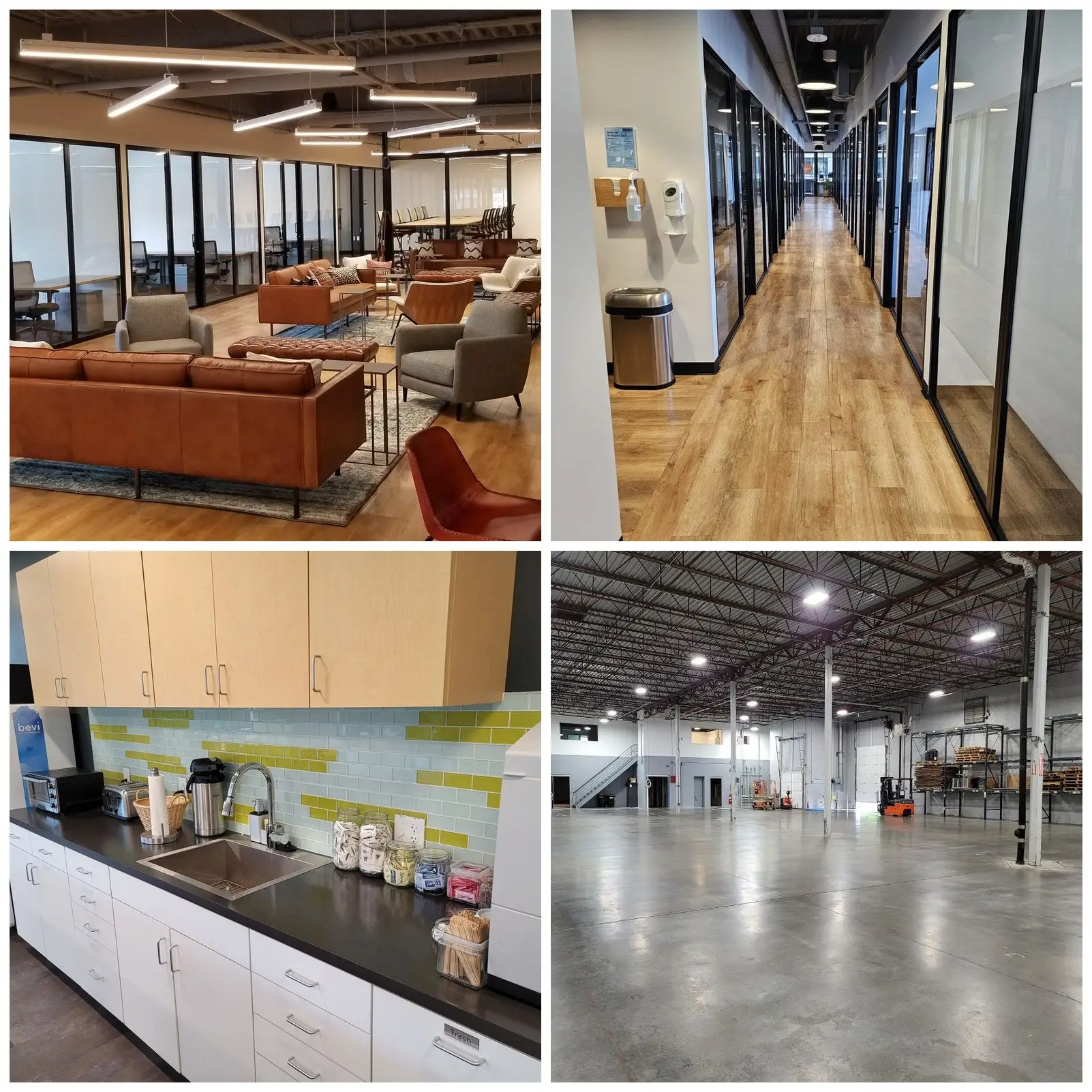 Real Modular Concepts job sites in Marlborough, MA: office lounge, glass office corridor, break room, and warehouse