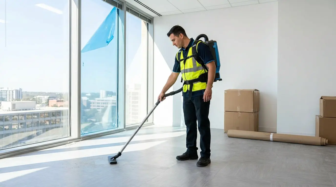 Crew member using a backpack vacuum on new floors during a post-construction final clean of a commercial office