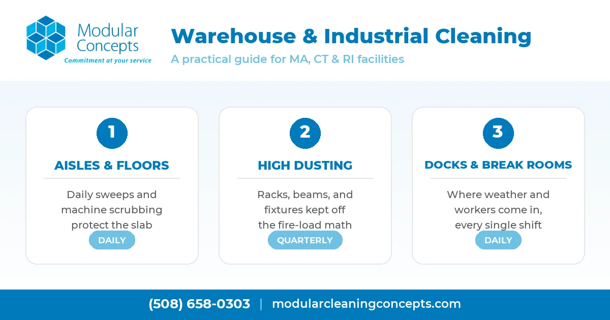 Warehouse and industrial cleaning zone guide showing aisles and floors, high dusting, and docks with cleaning frequencies