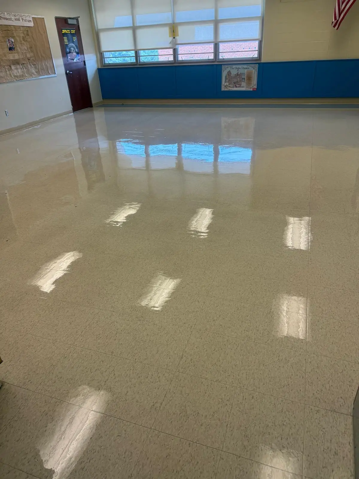 Finished classroom floor after a summer strip and wax refinish