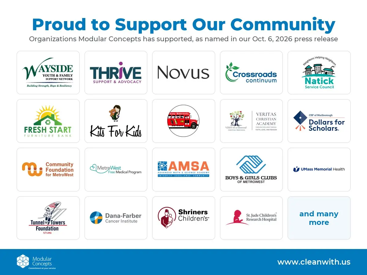 Logos of the nonprofits and community organizations Modular Concepts has supported, from Wayside Youth and Family Support Network to St. Jude Children's Research Hospital